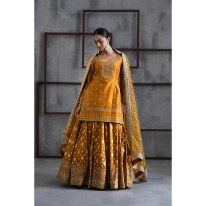 Deepika Chadha Mustard Embroidered Kurti with Lehenga and Dupatta (Set of 3)