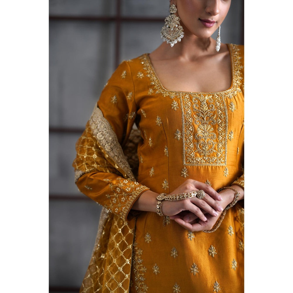Deepika Chadha Mustard Embroidered Kurti with Lehenga and Dupatta (Set of 3)