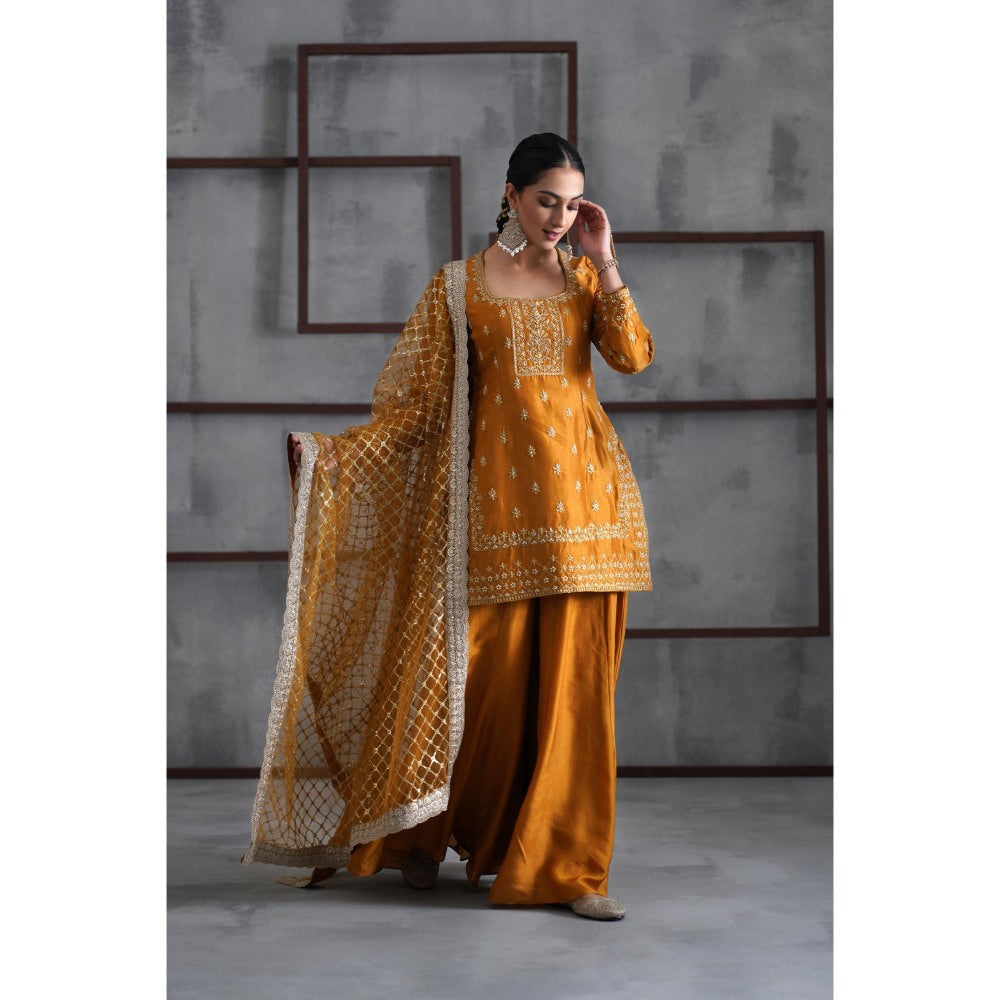 Deepika Chadha Mustard Embroidered Kurti with Palazzo and Dupatta (Set of 3)