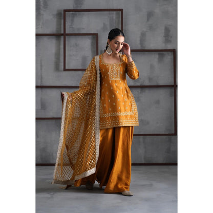 Deepika Chadha Mustard Embroidered Kurti with Palazzo and Dupatta (Set of 3)