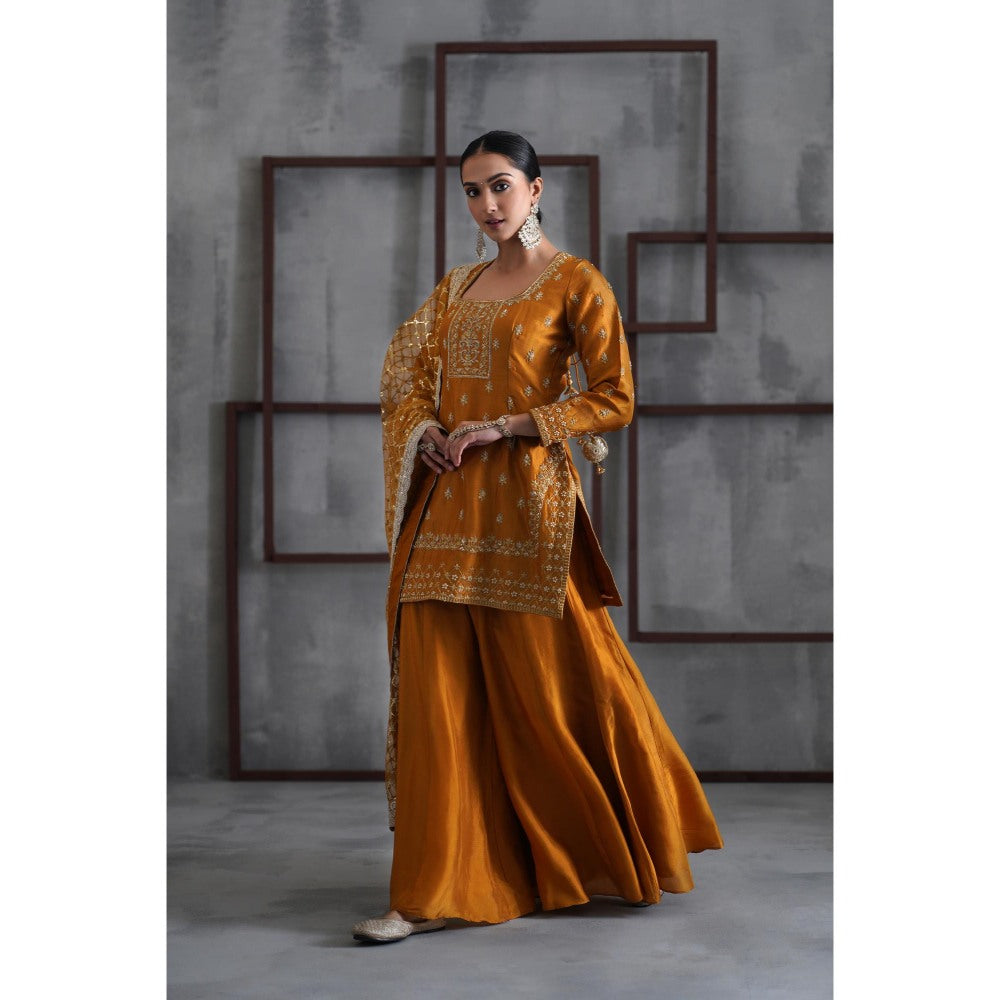 Deepika Chadha Mustard Embroidered Kurti with Palazzo and Dupatta (Set of 3)