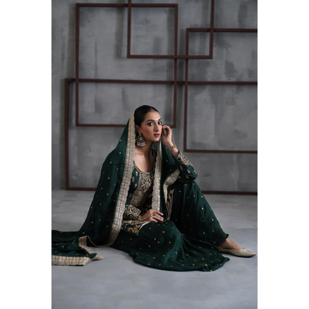 Deepika Chadha Green Embroidered Kurti with Palazzo and Dupatta (Set of 3)