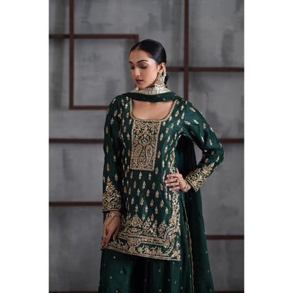 Deepika Chadha Green Embroidered Kurti with Palazzo and Dupatta (Set of 3)
