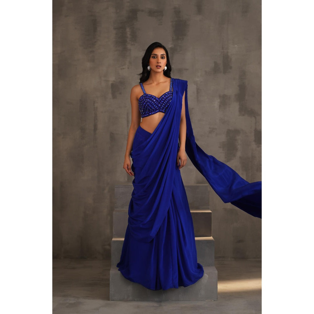 Deepika Chadha Royal Blue Embellished Pre-Draped Saree with Stitched Blouse