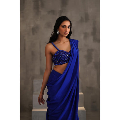Deepika Chadha Royal Blue Embellished Pre-Draped Saree with Stitched Blouse