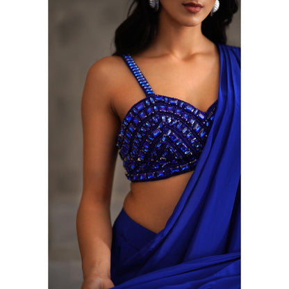 Deepika Chadha Royal Blue Embellished Pre-Draped Saree with Stitched Blouse