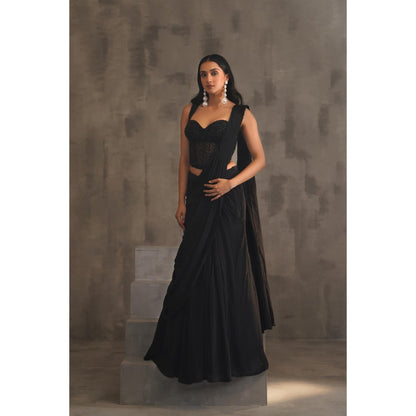 Deepika Chadha Black Embellished Pre-Drape Saree with Stitched Blouse