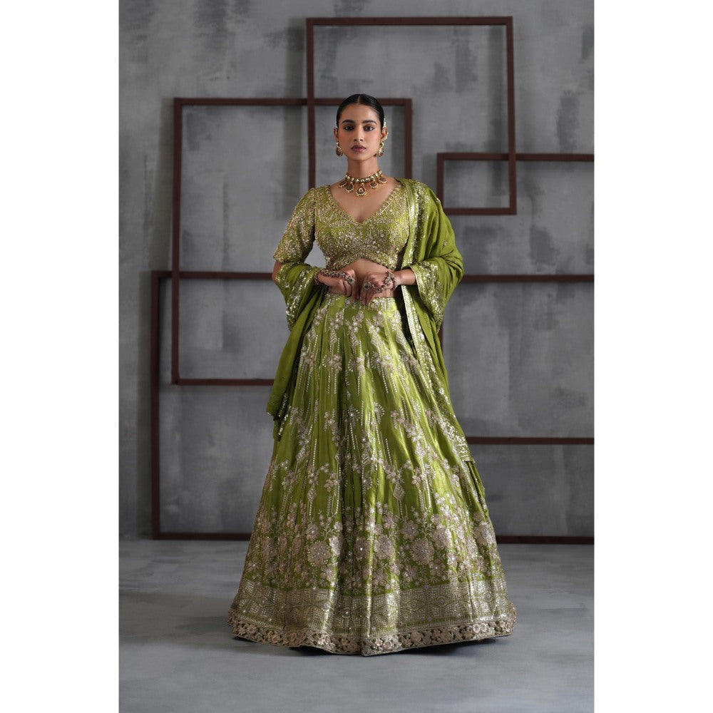 Deepika Chadha Green Embroidered Blouse with Lehenga and Dupatta (Set of 3)