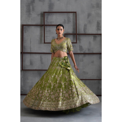 Deepika Chadha Green Embroidered Blouse with Lehenga and Dupatta (Set of 3)