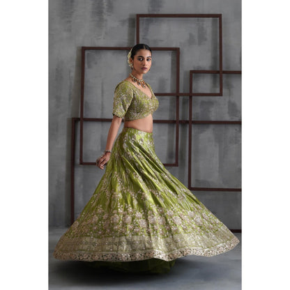 Deepika Chadha Green Embroidered Blouse with Lehenga and Dupatta (Set of 3)