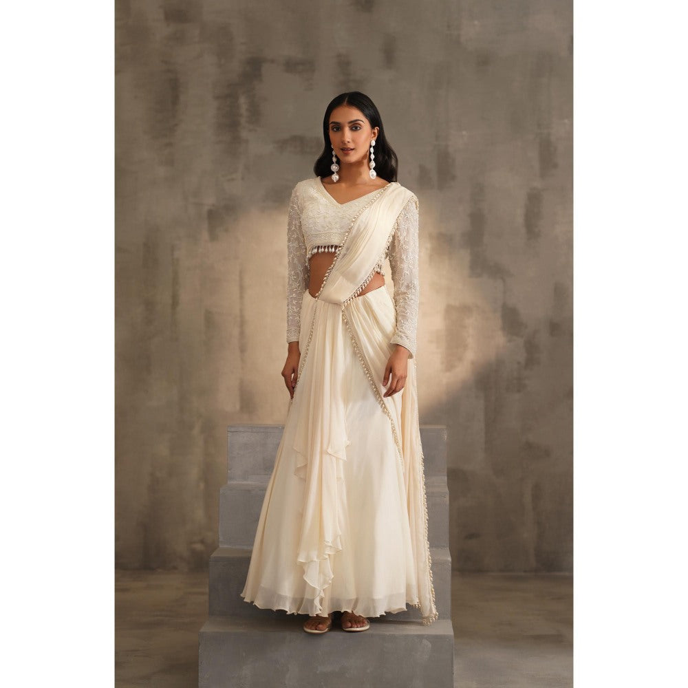 Deepika Chadha Off White Pre-Drape Saree with Stitched Blouse