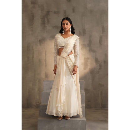Deepika Chadha Off White Pre-Drape Saree with Stitched Blouse
