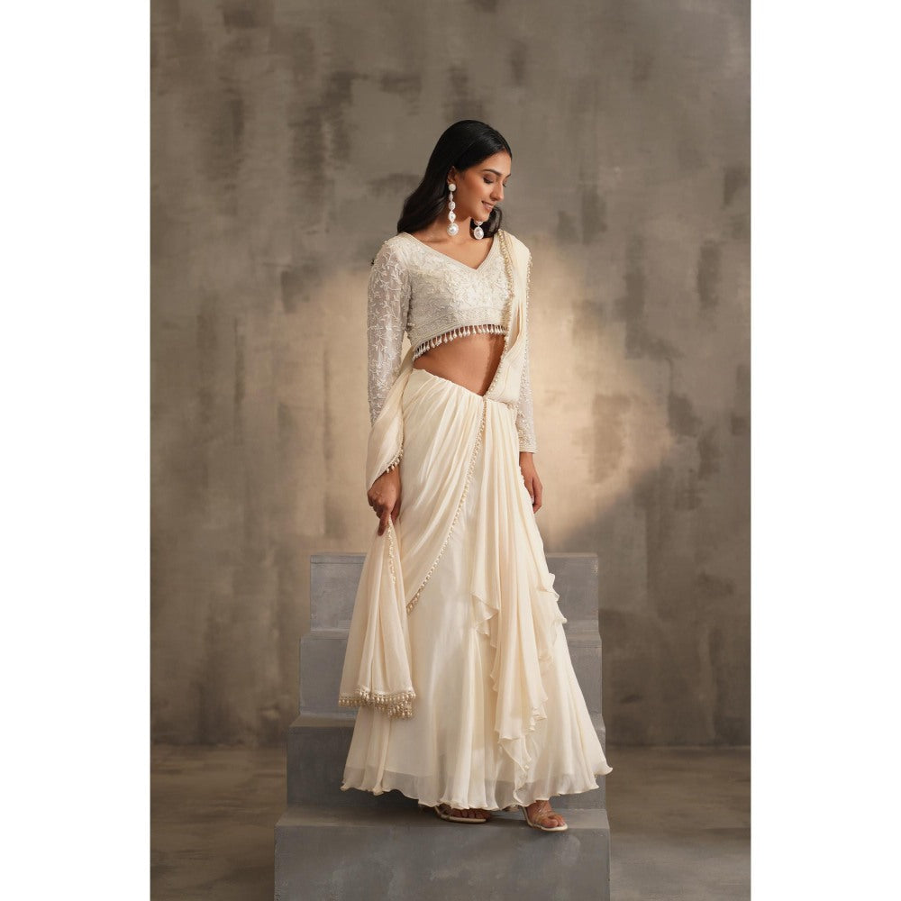 Deepika Chadha Off White Pre-Drape Saree with Stitched Blouse