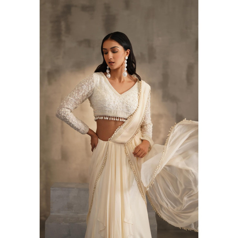Deepika Chadha Off White Pre-Drape Saree with Stitched Blouse