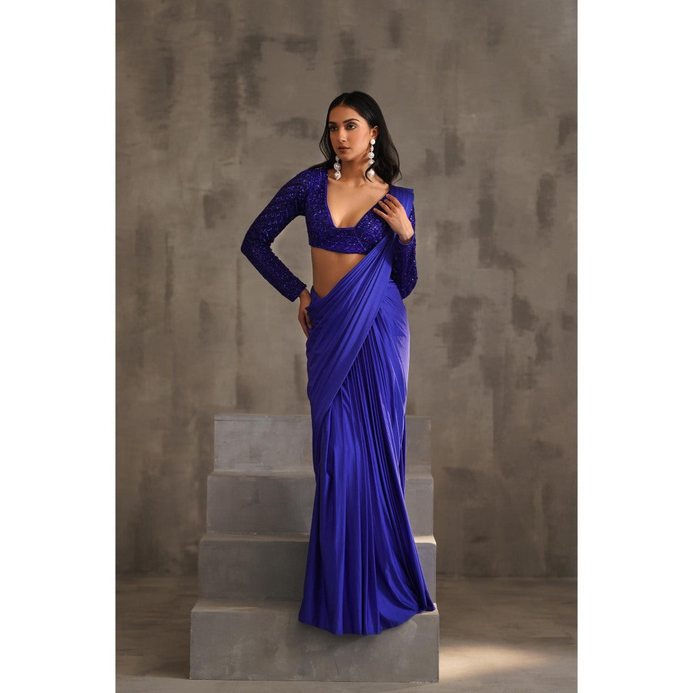 Deepika Chadha Royal Blue Embroidered Pre-Drape Saree with Stitched Blouse