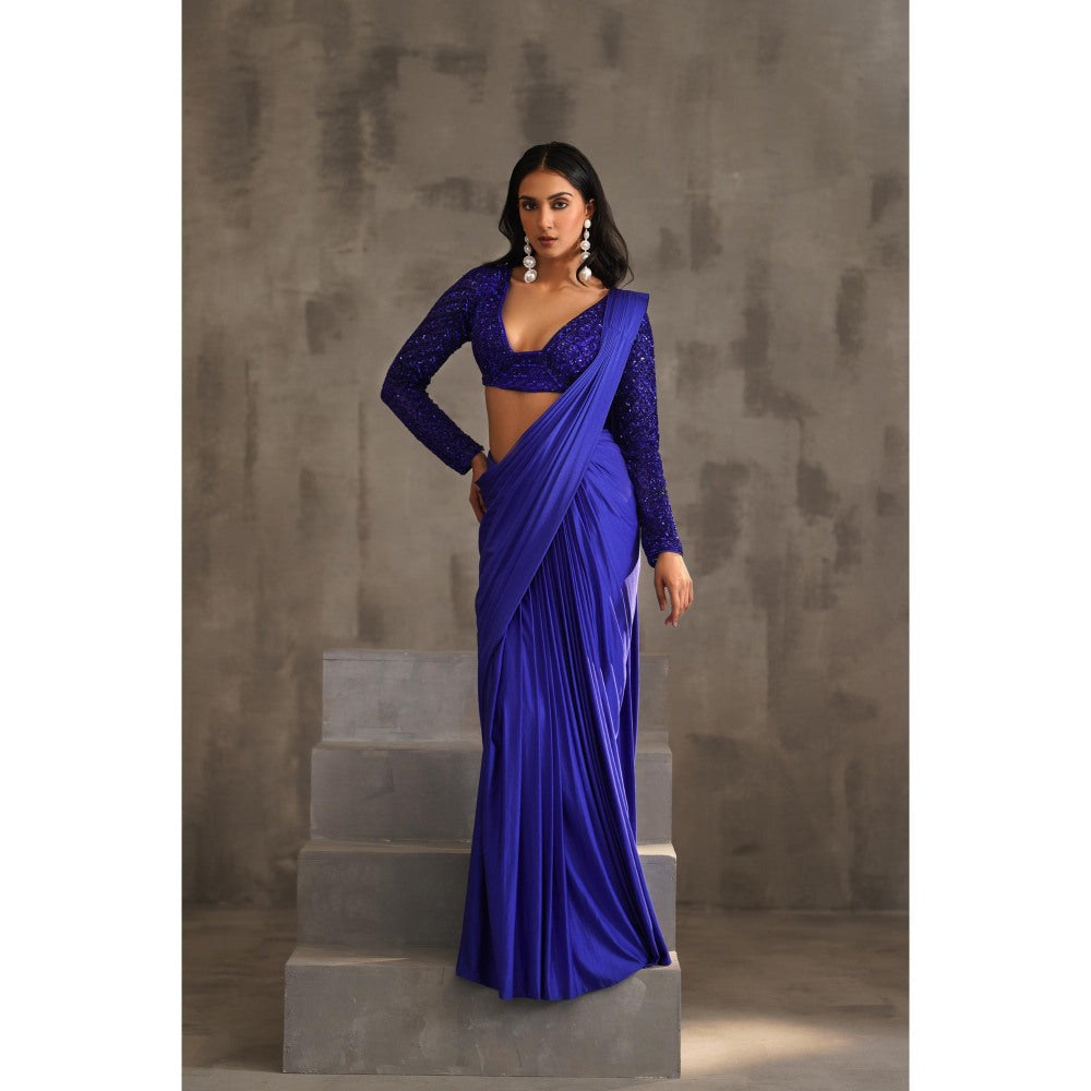Deepika Chadha Royal Blue Embroidered Pre-Drape Saree with Stitched Blouse
