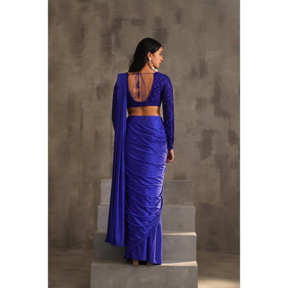 Deepika Chadha Royal Blue Embroidered Pre-Drape Saree with Stitched Blouse