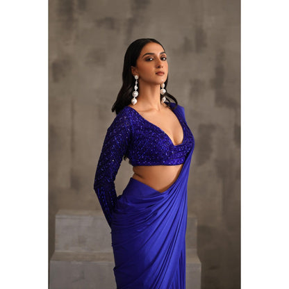 Deepika Chadha Royal Blue Embroidered Pre-Drape Saree with Stitched Blouse