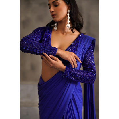 Deepika Chadha Royal Blue Embroidered Pre-Drape Saree with Stitched Blouse