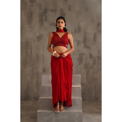 Deepika Chadha Red Embroidered Blouse with Skirt and Choker Dupatta (Set of 3)