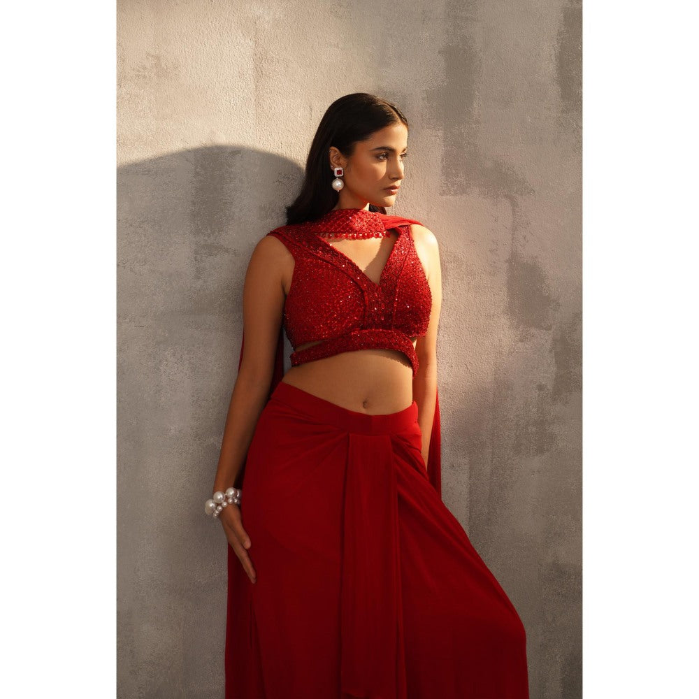 Deepika Chadha Red Embroidered Blouse with Skirt and Choker Dupatta (Set of 3)