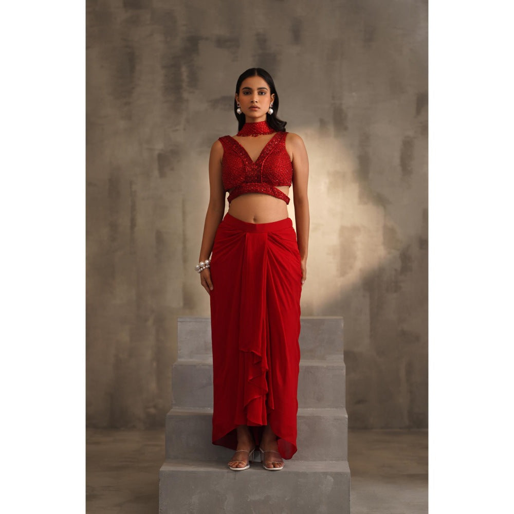 Deepika Chadha Red Embroidered Blouse with Skirt and Choker Dupatta (Set of 3)