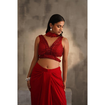 Deepika Chadha Red Embroidered Blouse with Skirt and Choker Dupatta (Set of 3)