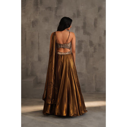 Deepika Chadha Brown Embroidered Drape Attached Blouse and Lehenga (Set of 2)