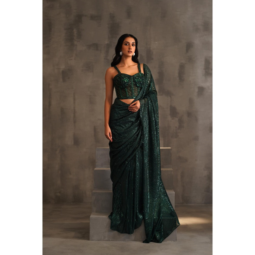 Deepika Chadha Bottle Green Embroidered Pre-Drape Saree with Stitched Blouse