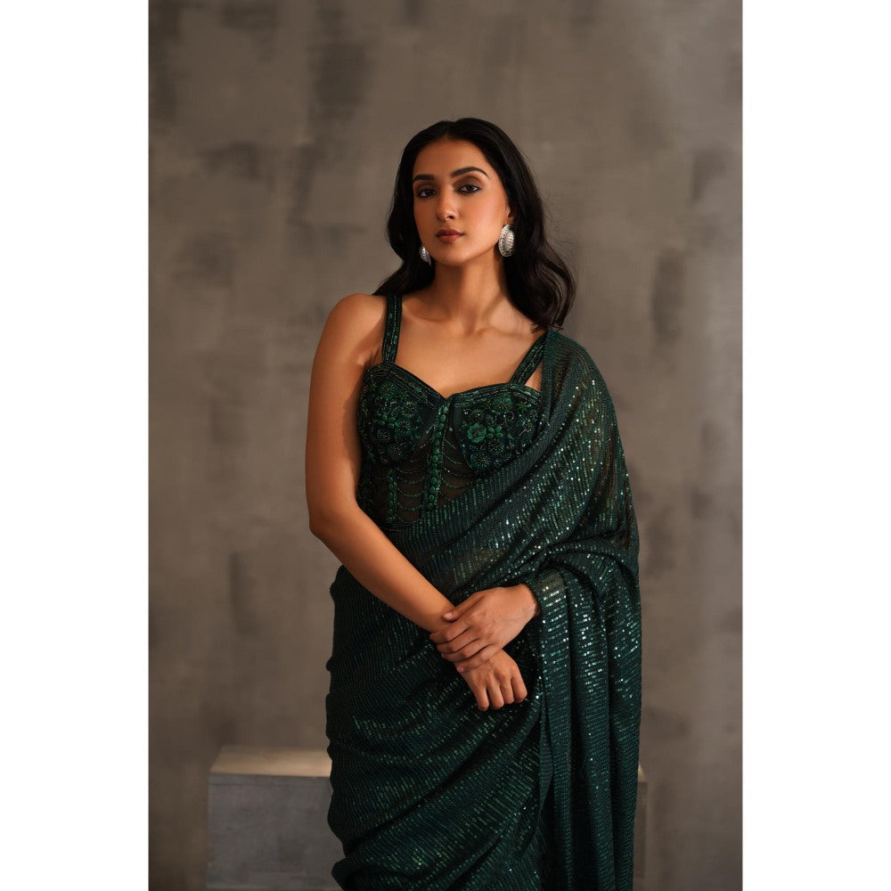 Deepika Chadha Bottle Green Embroidered Pre-Drape Saree with Stitched Blouse