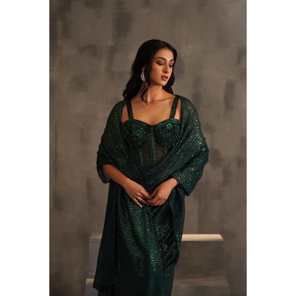 Deepika Chadha Bottle Green Embroidered Pre-Drape Saree with Stitched Blouse
