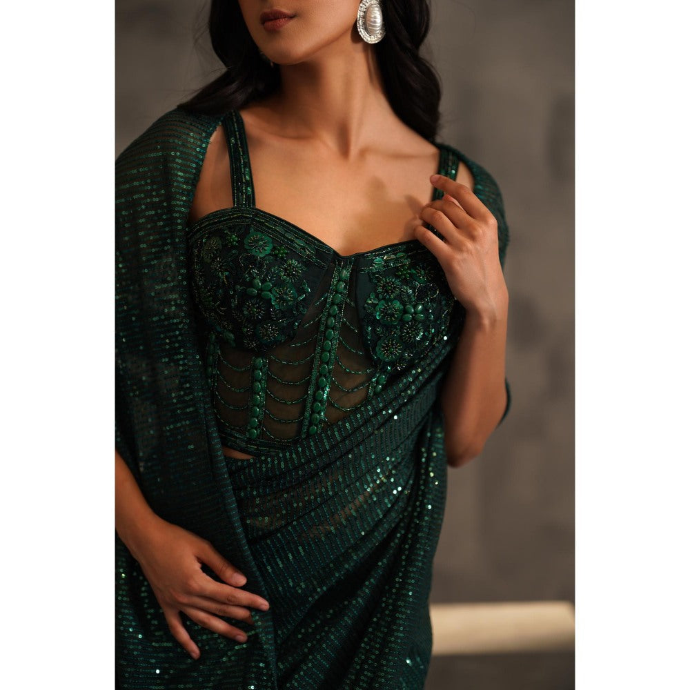 Deepika Chadha Bottle Green Embroidered Pre-Drape Saree with Stitched Blouse