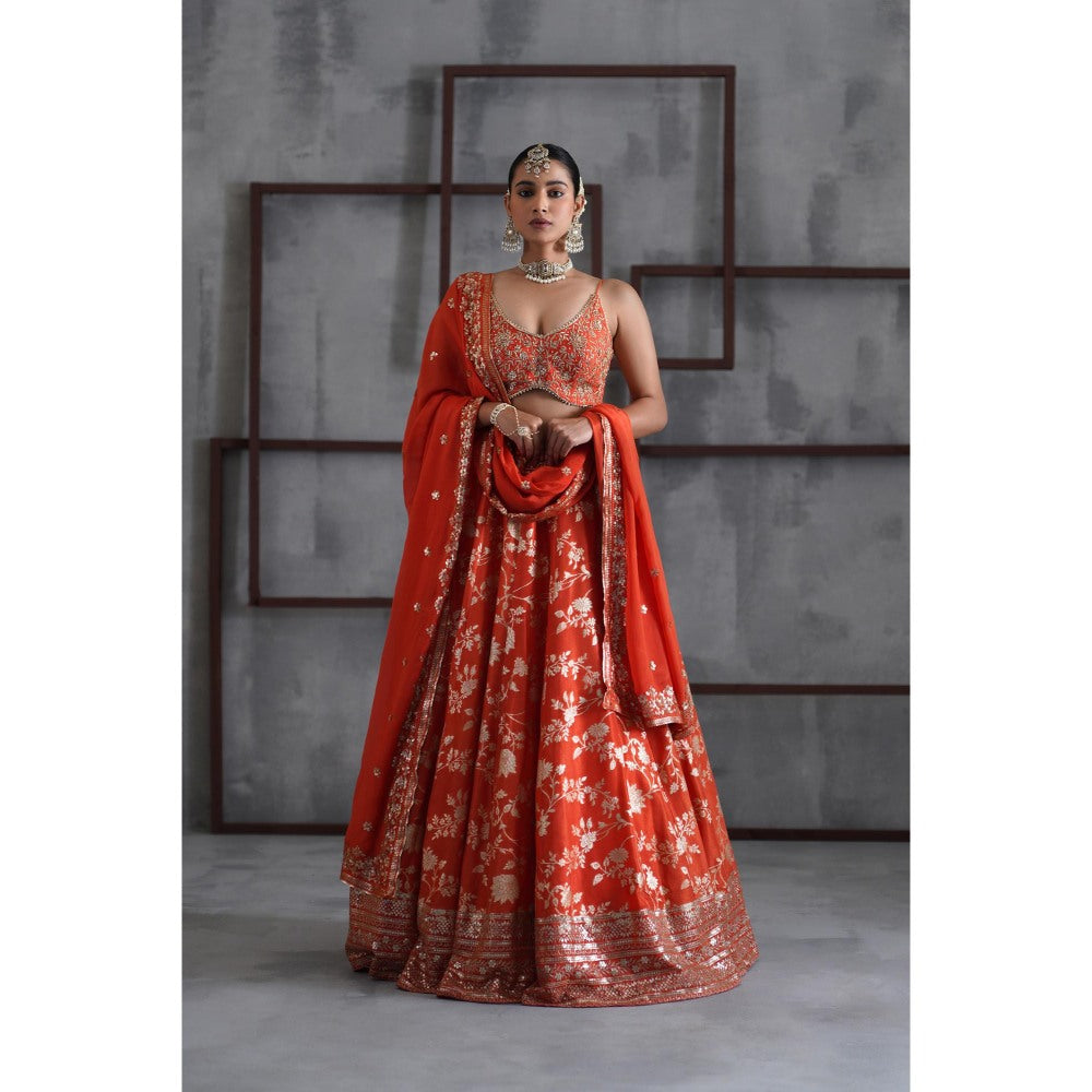 Deepika Chadha Orange Embroidered Blouse with Lehenga and Dupatta (Set of 3)