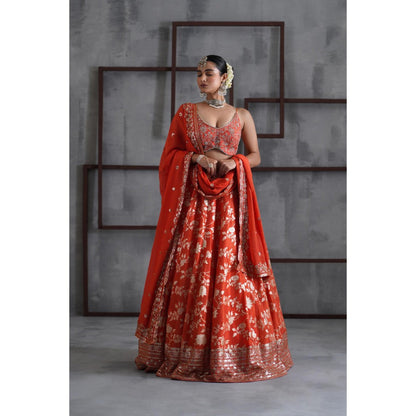 Deepika Chadha Orange Embroidered Blouse with Lehenga and Dupatta (Set of 3)