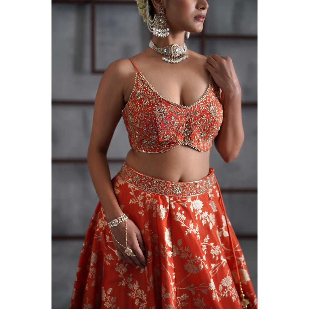 Deepika Chadha Orange Embroidered Blouse with Lehenga and Dupatta (Set of 3)