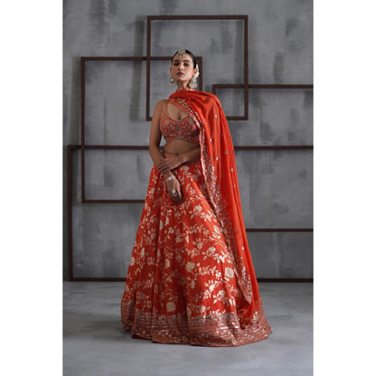 Deepika Chadha Orange Embroidered Blouse with Lehenga and Dupatta (Set of 3)