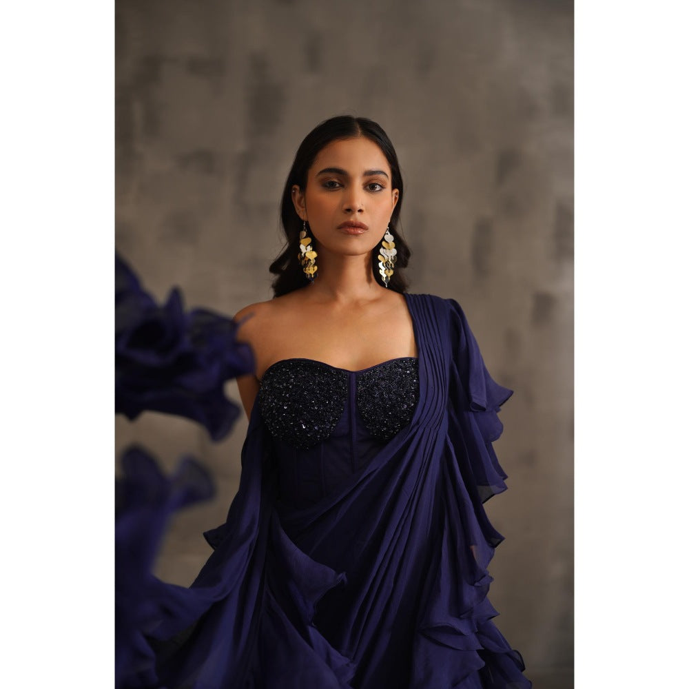 Deepika Chadha Navy Blue Embroidered Pre-Drape Saree with Stitched Blouse