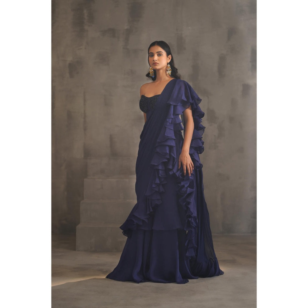 Deepika Chadha Navy Blue Embroidered Pre-Drape Saree with Stitched Blouse