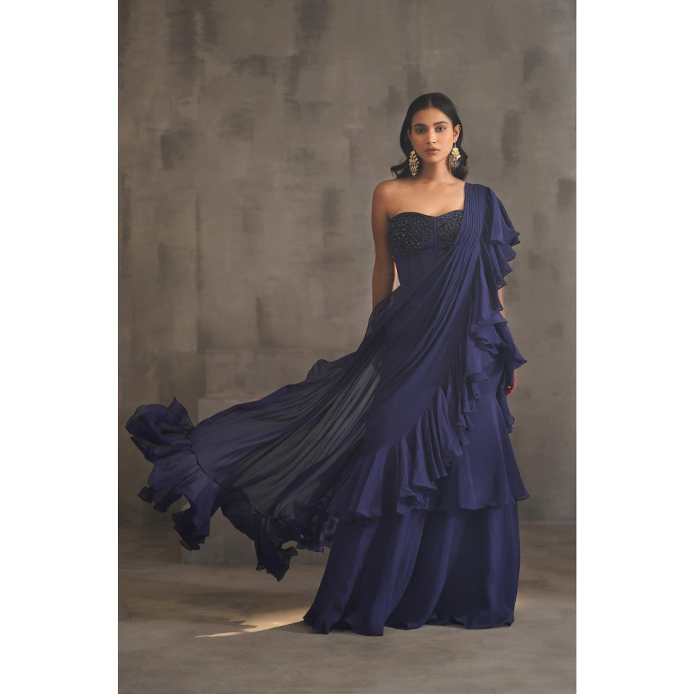 Deepika Chadha Navy Blue Embroidered Pre-Drape Saree with Stitched Blouse