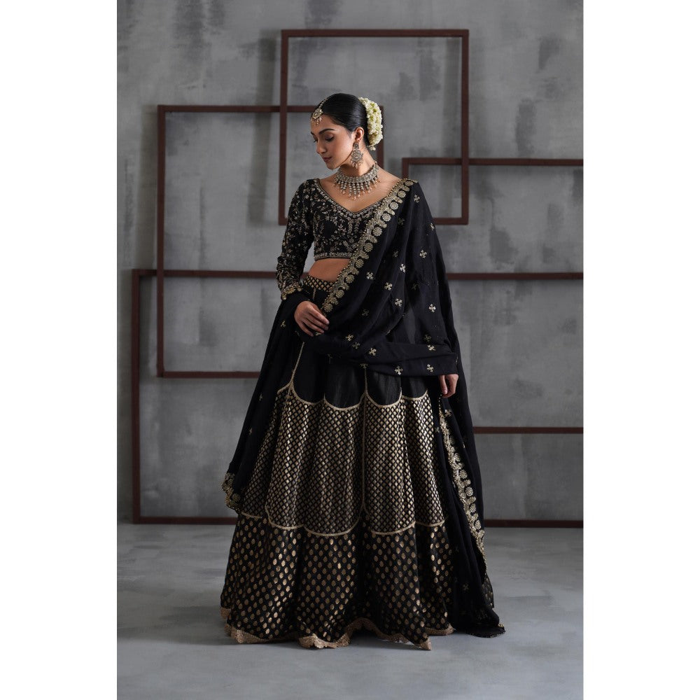 Deepika Chadha Black Embroidered Blouse with Brocade Lehenga and Dupatta (Set of 3)