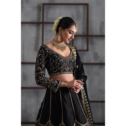 Deepika Chadha Black Embroidered Blouse with Brocade Lehenga and Dupatta (Set of 3)