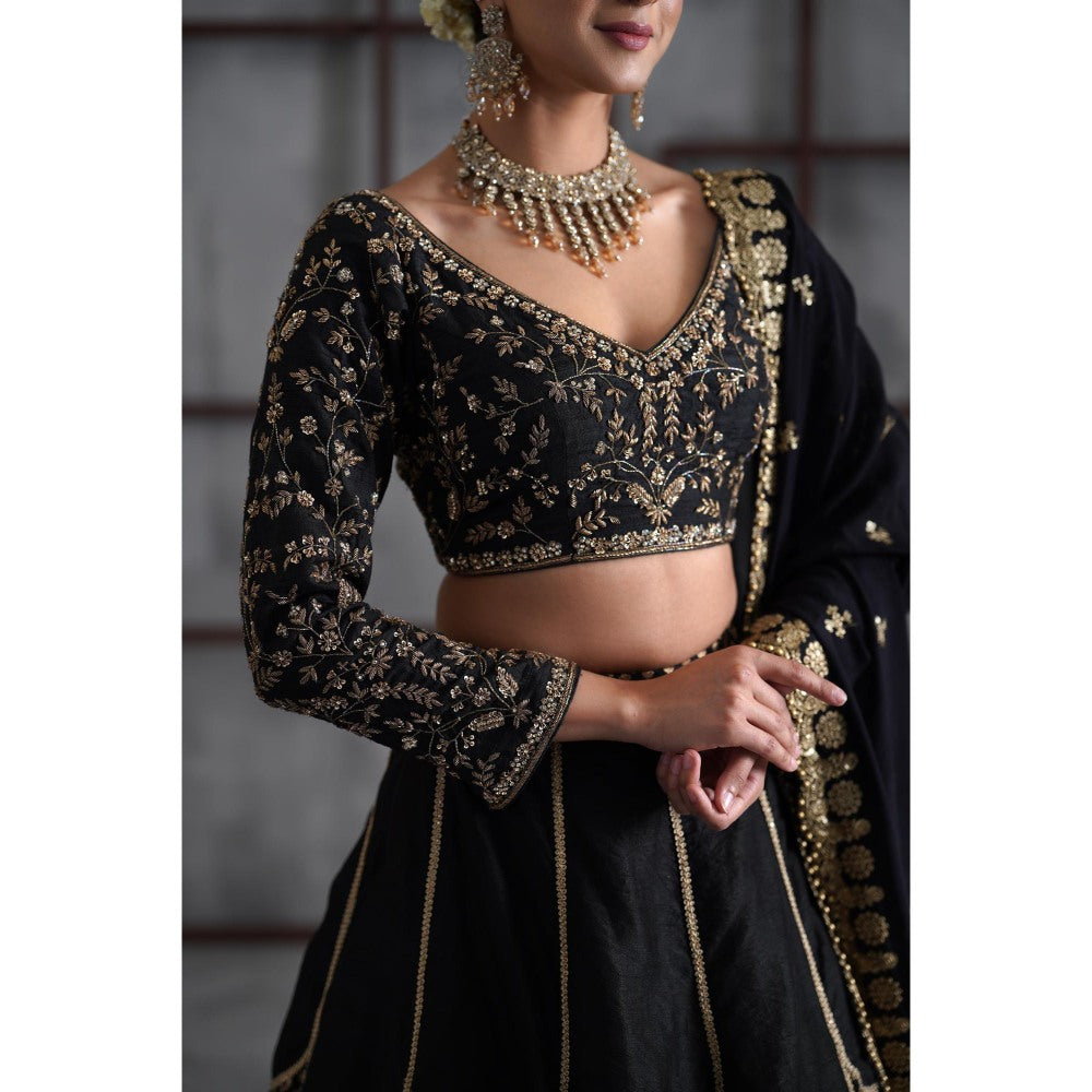 Deepika Chadha Black Embroidered Blouse with Brocade Lehenga and Dupatta (Set of 3)