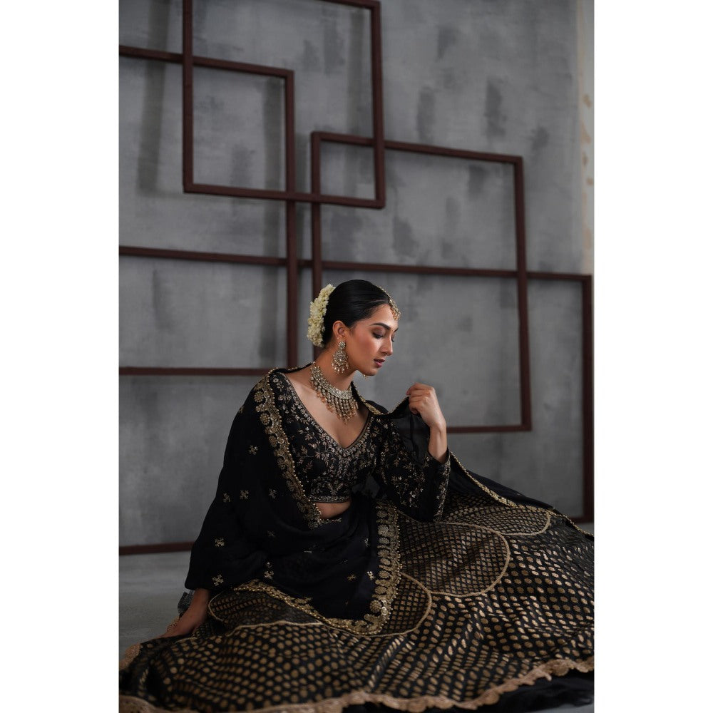 Deepika Chadha Black Embroidered Blouse with Brocade Lehenga and Dupatta (Set of 3)