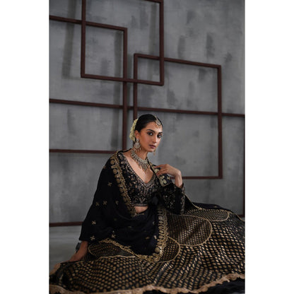 Deepika Chadha Black Embroidered Blouse with Brocade Lehenga and Dupatta (Set of 3)