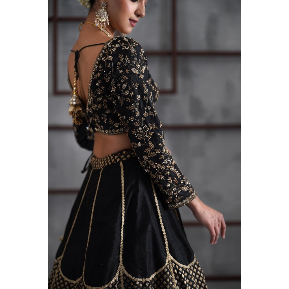 Deepika Chadha Black Embroidered Blouse with Brocade Lehenga and Dupatta (Set of 3)