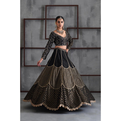 Deepika Chadha Black Embroidered Blouse with Brocade Lehenga and Dupatta (Set of 3)