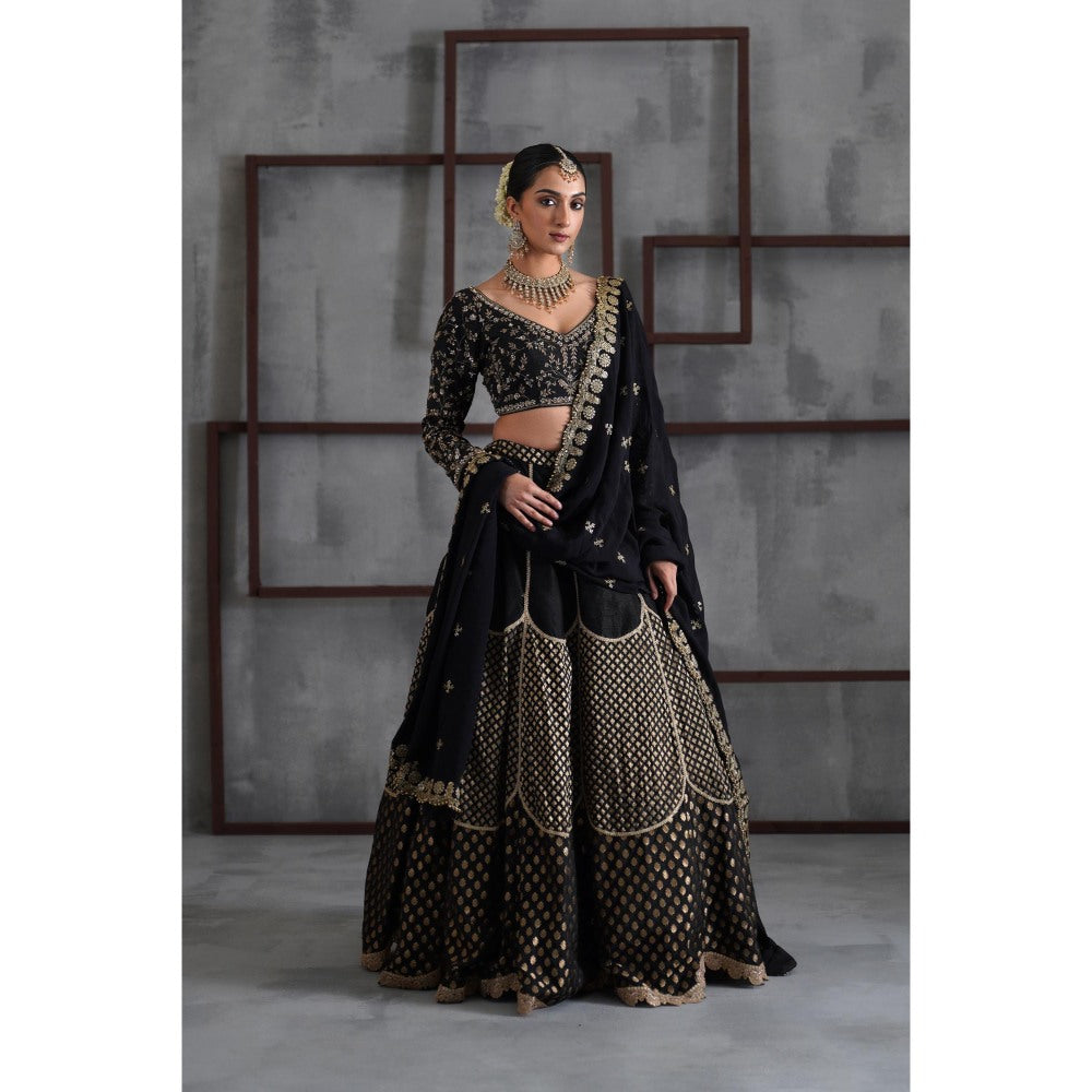 Deepika Chadha Black Embroidered Blouse with Brocade Lehenga and Dupatta (Set of 3)