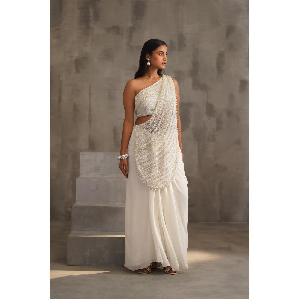 Deepika Chadha White Embroidered Pre-Drape Saree with Stitched Blouse
