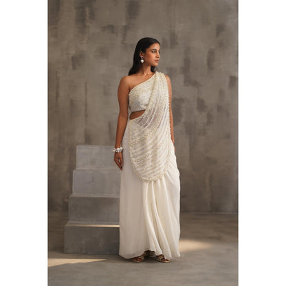 Deepika Chadha White Embroidered Pre-Drape Saree with Stitched Blouse