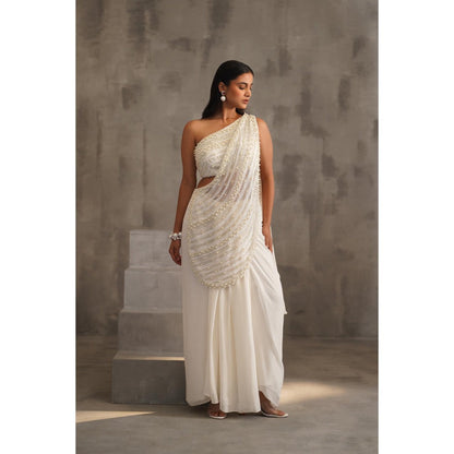 Deepika Chadha White Embroidered Pre-Drape Saree with Stitched Blouse